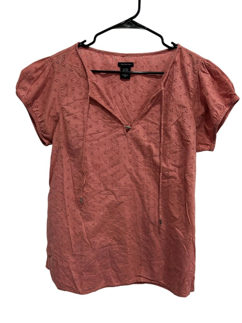 Calvin Klein Jeans XL Pink Eyelet Short Sleeve Peasant Blouse Tie Neck Ethereal
